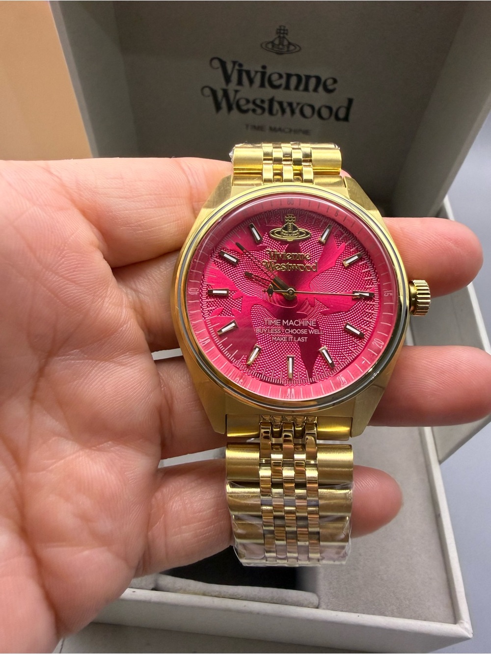 Vivienne Westwood Gold Bracelet Watch with Hot Pink Dial and Crystal Accents